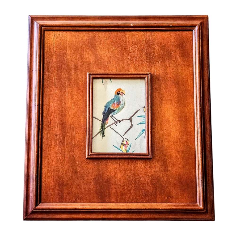 Mexican Aztec Feather Craft Hand Painted Art Birds Wood Frame Vintage 17x19 in